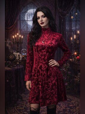 Vintage Dawn Joy Fashions Red Velvet Burnout Floral Mock Neck Dress 90s Y2K Q17